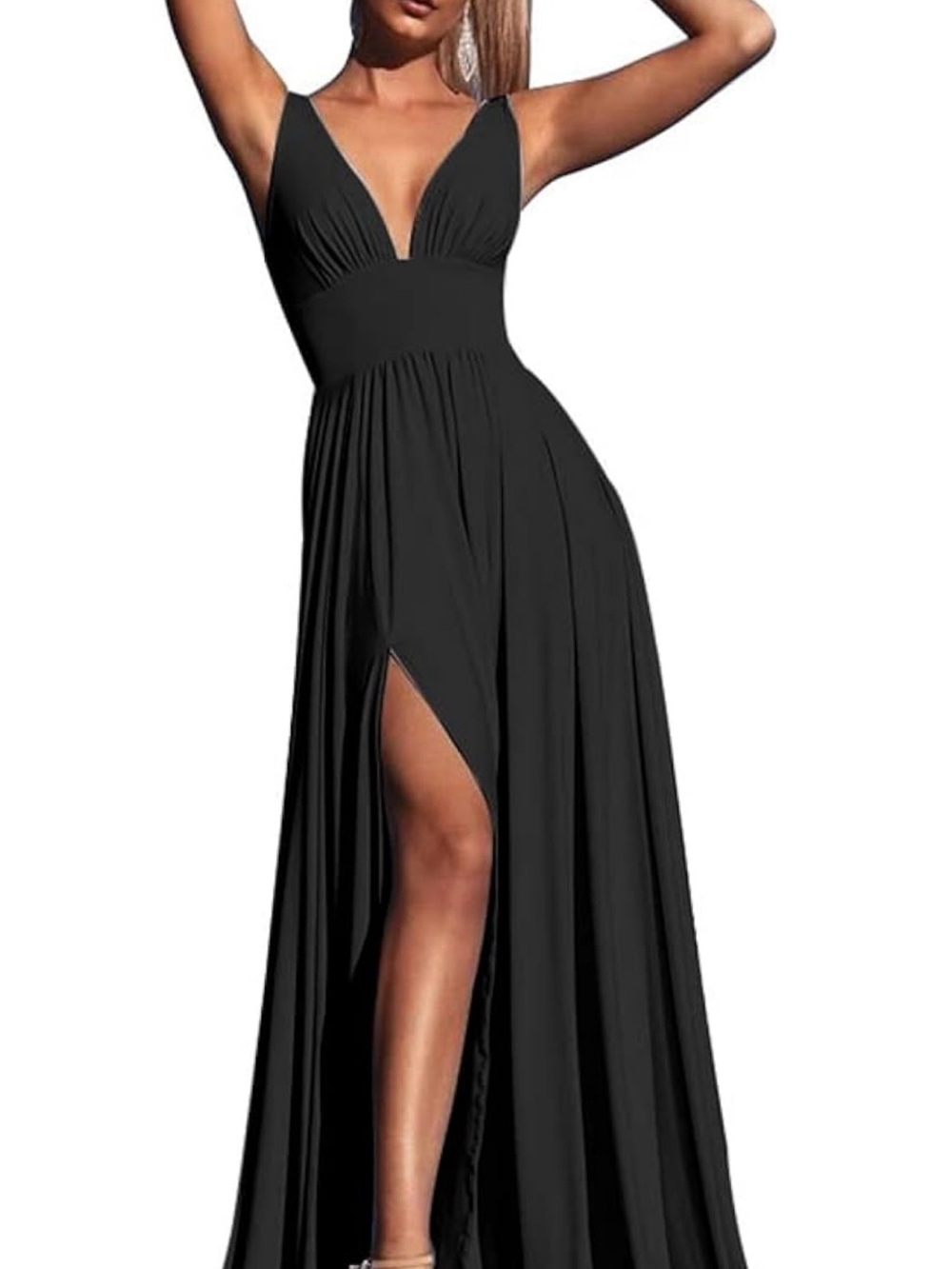 Elegant Black V-Neck Evening Dress with High Slit